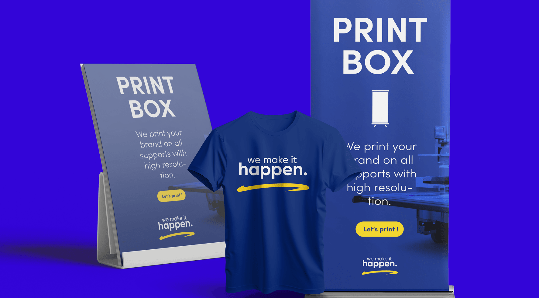Roll-up, printed tee and counter display produced by Printbox